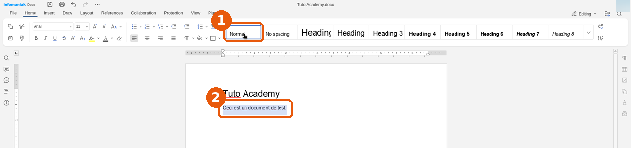 Bouton de style Normal et paragraphe sélectionné encadrés dans l'éditeur Docs