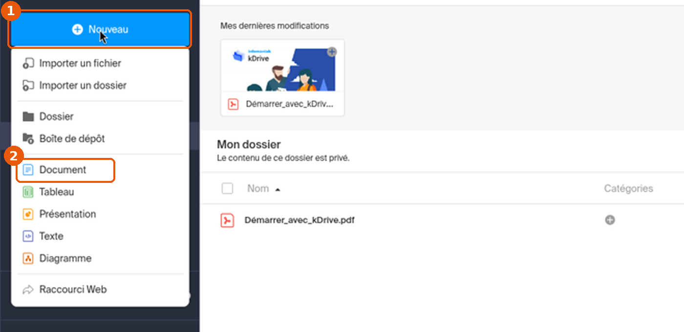 Menu Nouveau de kDrive ouvert avec le choix Document encadré