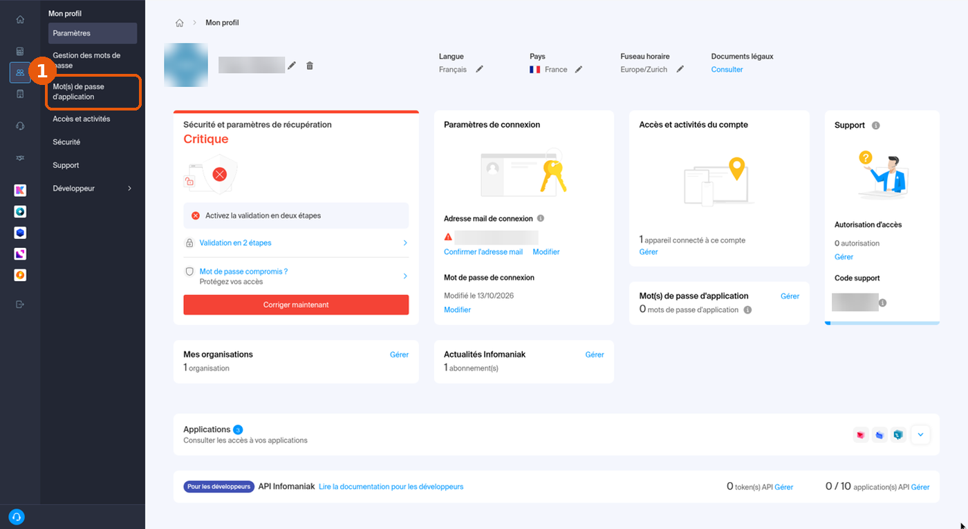 Page Mon profil du Manager, l'entrée Mot(s) de passe d'application du menu de gauche est encadrée.