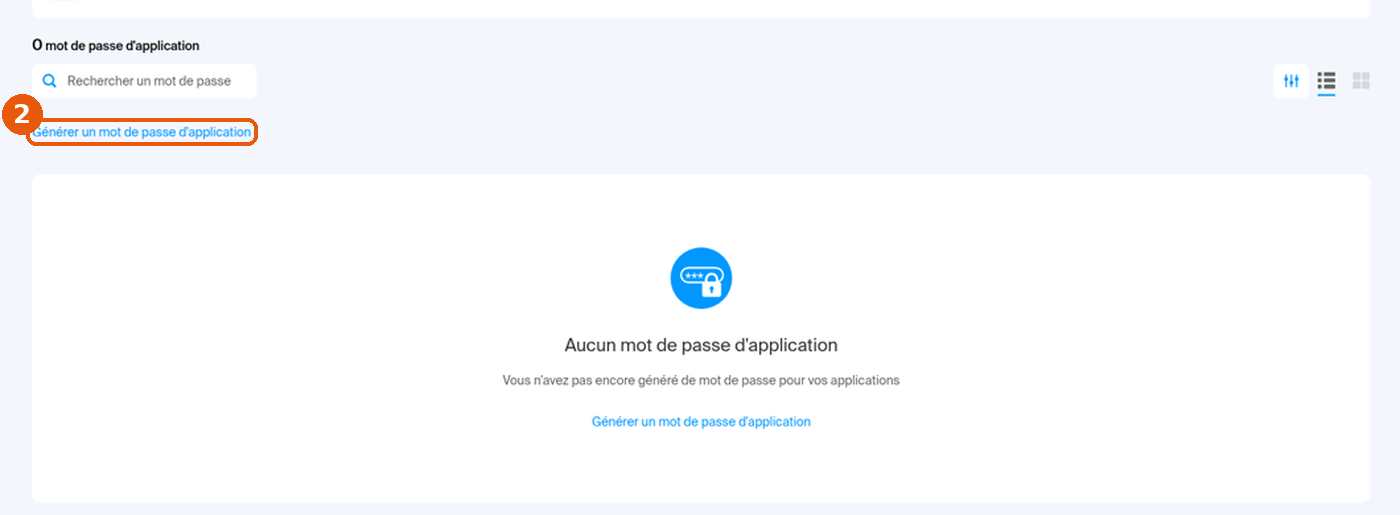 Page Mot(s) de passe d'application sans mot de passe, le lien Générer un mot de passe d'application est encadré.