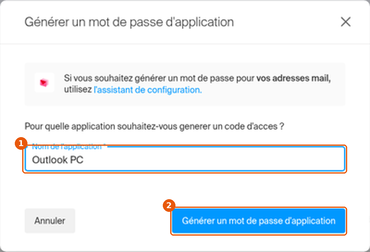 Fenêtre Générer un mot de passe d'application : champ Nom de l'application rempli avec Outlook PC (1) et bouton de génération (2) encadrés.