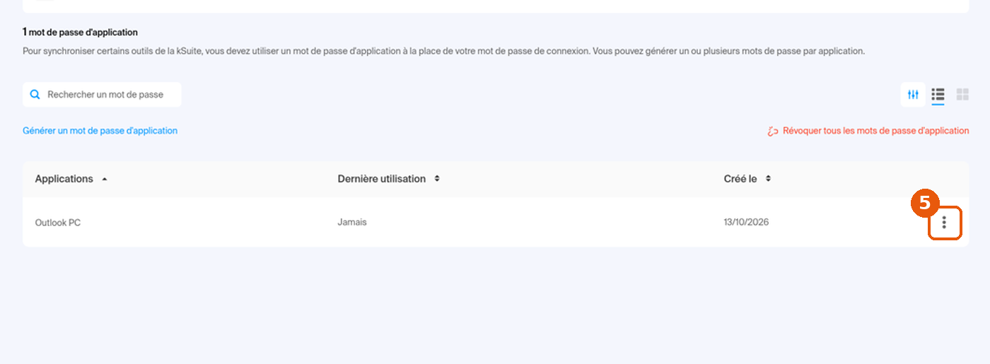 Liste « 1 mot de passe d'application » avec la ligne Outlook PC, le bouton ⋮ de la ligne est encadré.