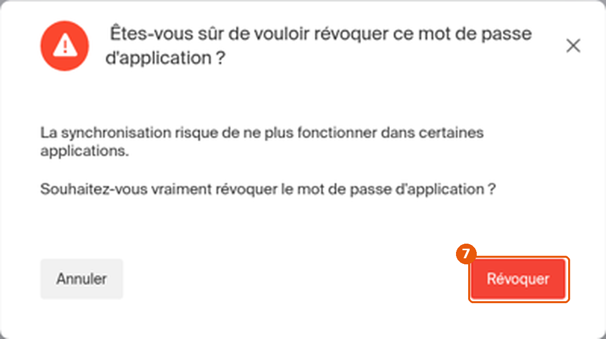 Fenêtre de confirmation de révocation, le bouton rouge Révoquer est encadré.