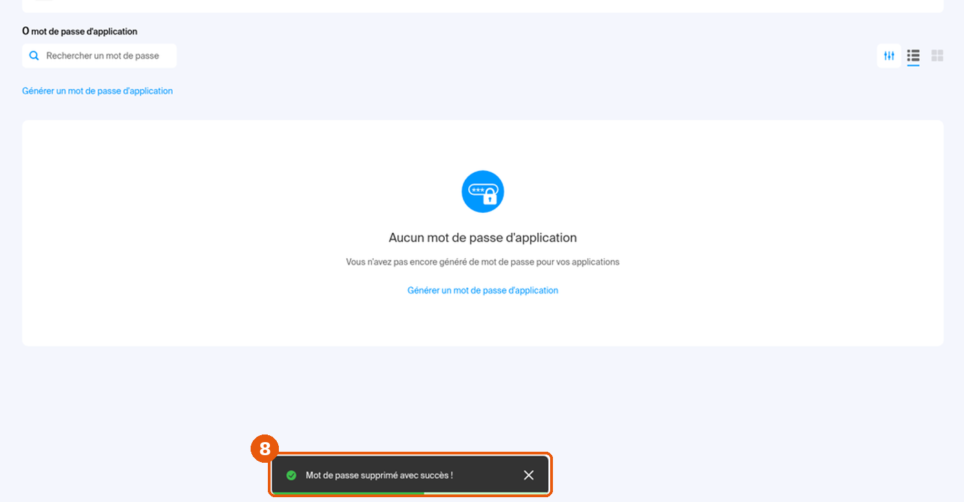 Page Mot(s) de passe d'application revenue à 0, le message Mot de passe supprimé avec succès est encadré.