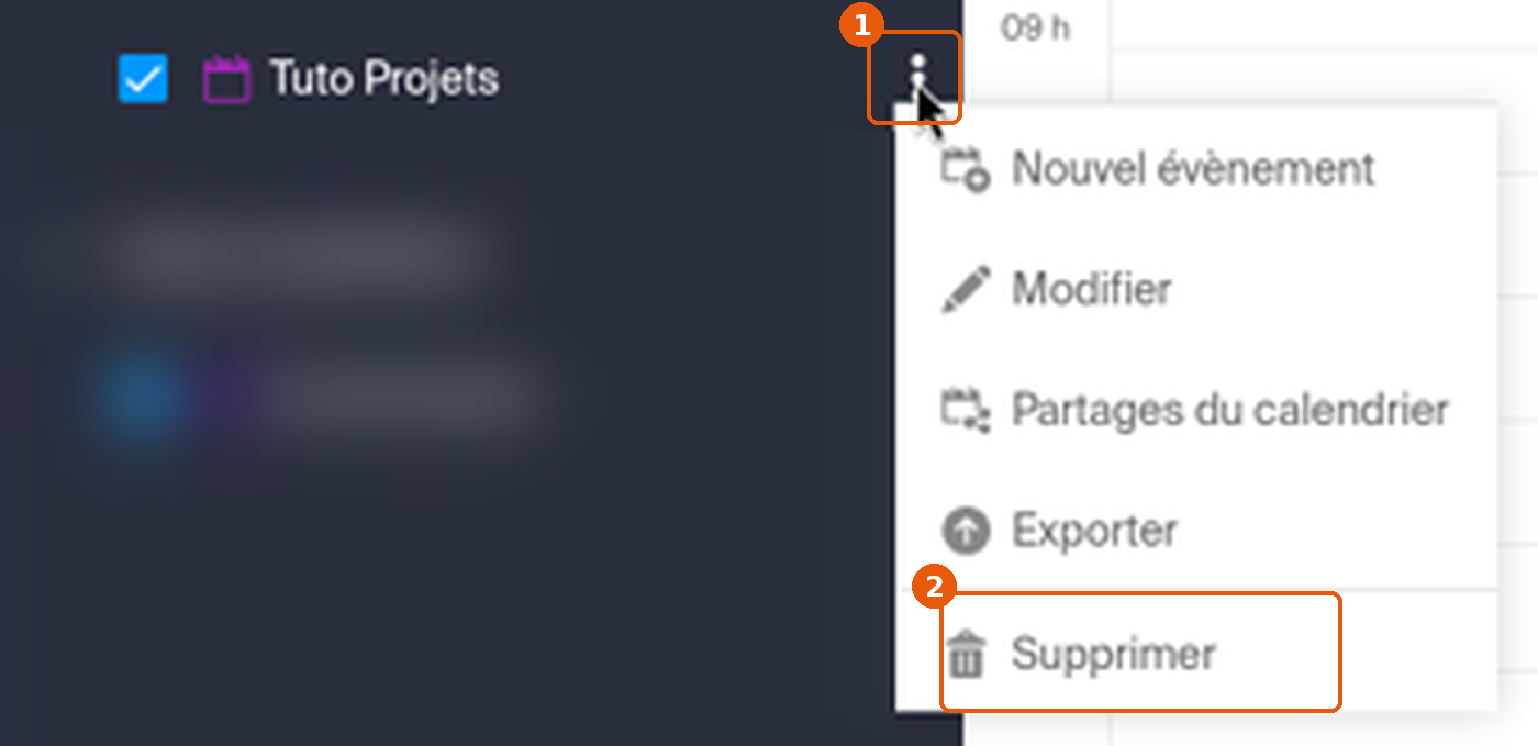 Menu ⋮ d'un calendrier avec l'option Supprimer