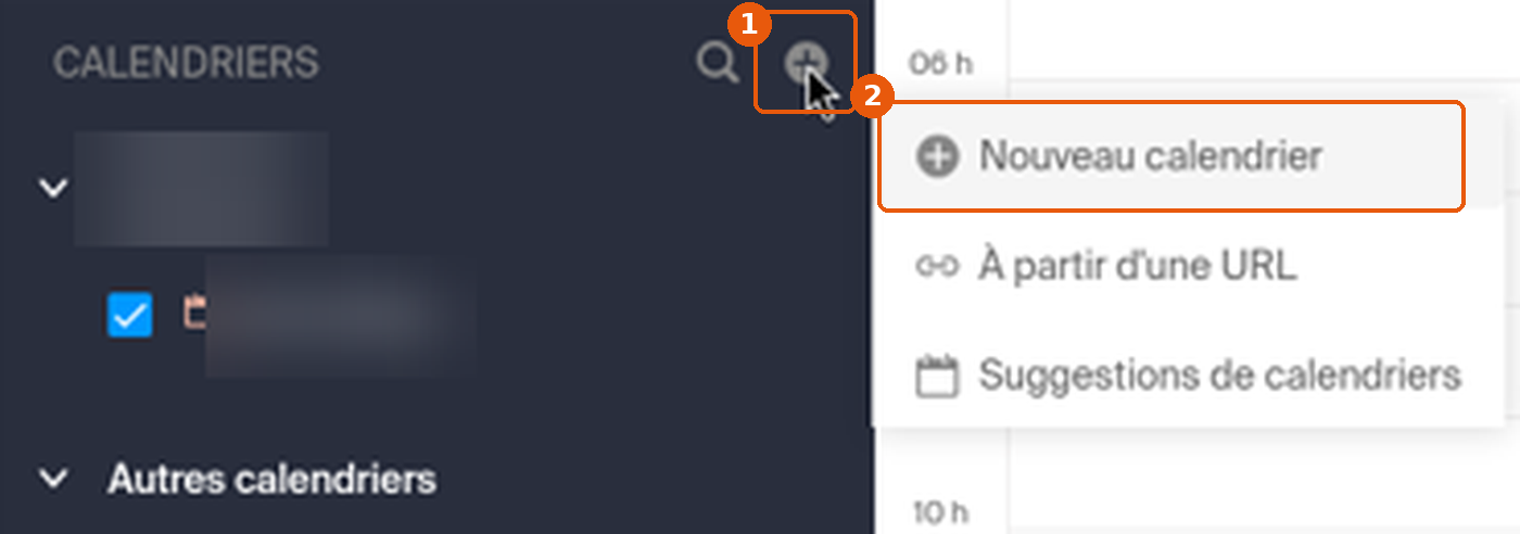 Menu du bouton + avec Nouveau calendrier