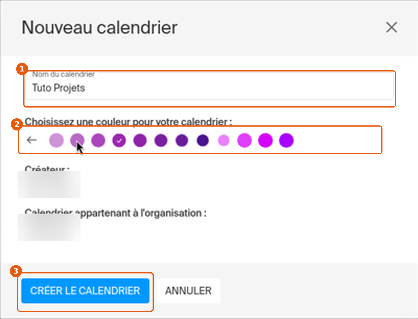 Fenêtre Nouveau calendrier avec nom, palette de couleurs et bouton Créer le calendrier