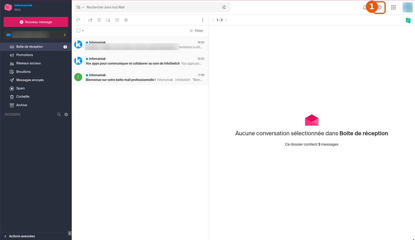 Page Mail, l'icône en forme de roue dentée en haut à droite est encadrée.