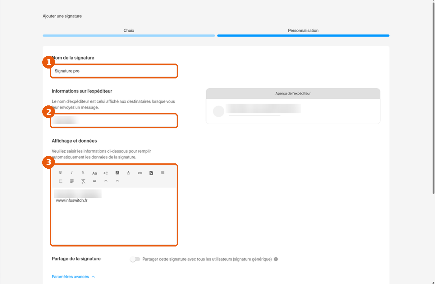 Formulaire Personnalisation : champs Nom de la signature, Nom d'expéditeur et éditeur de texte numérotés 1 à 3.