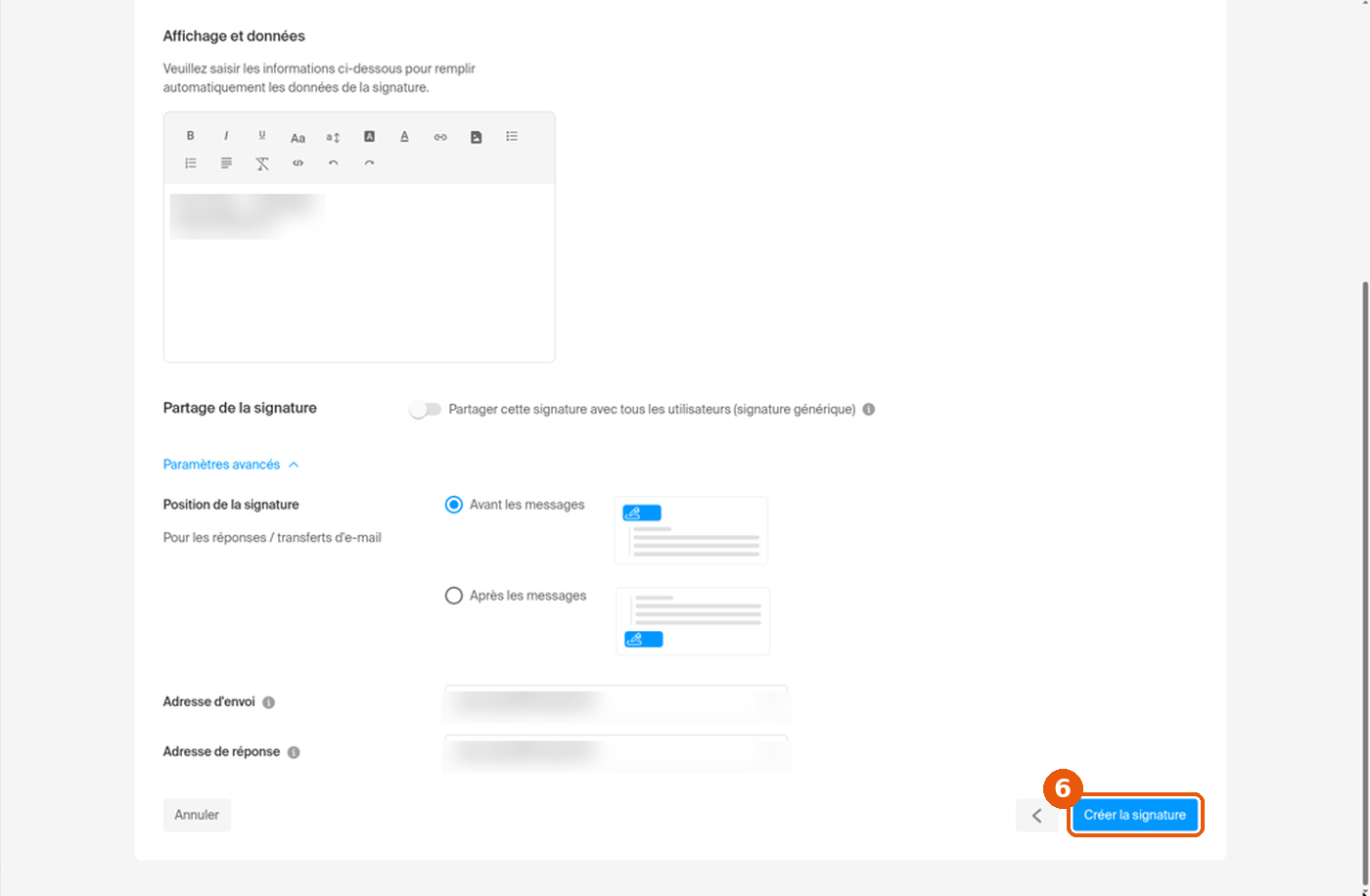 Bas du formulaire avec Adresse d'envoi et Adresse de réponse, le bouton Créer la signature est encadré.