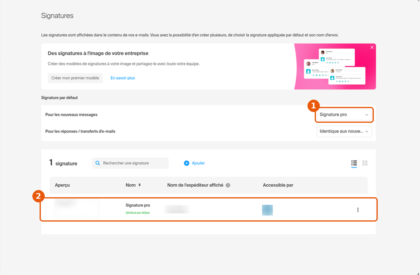 Page Signatures : menu Pour les nouveaux messages réglé sur Signature pro (1) et ligne de la signature avec badge Attribué par défaut (2).