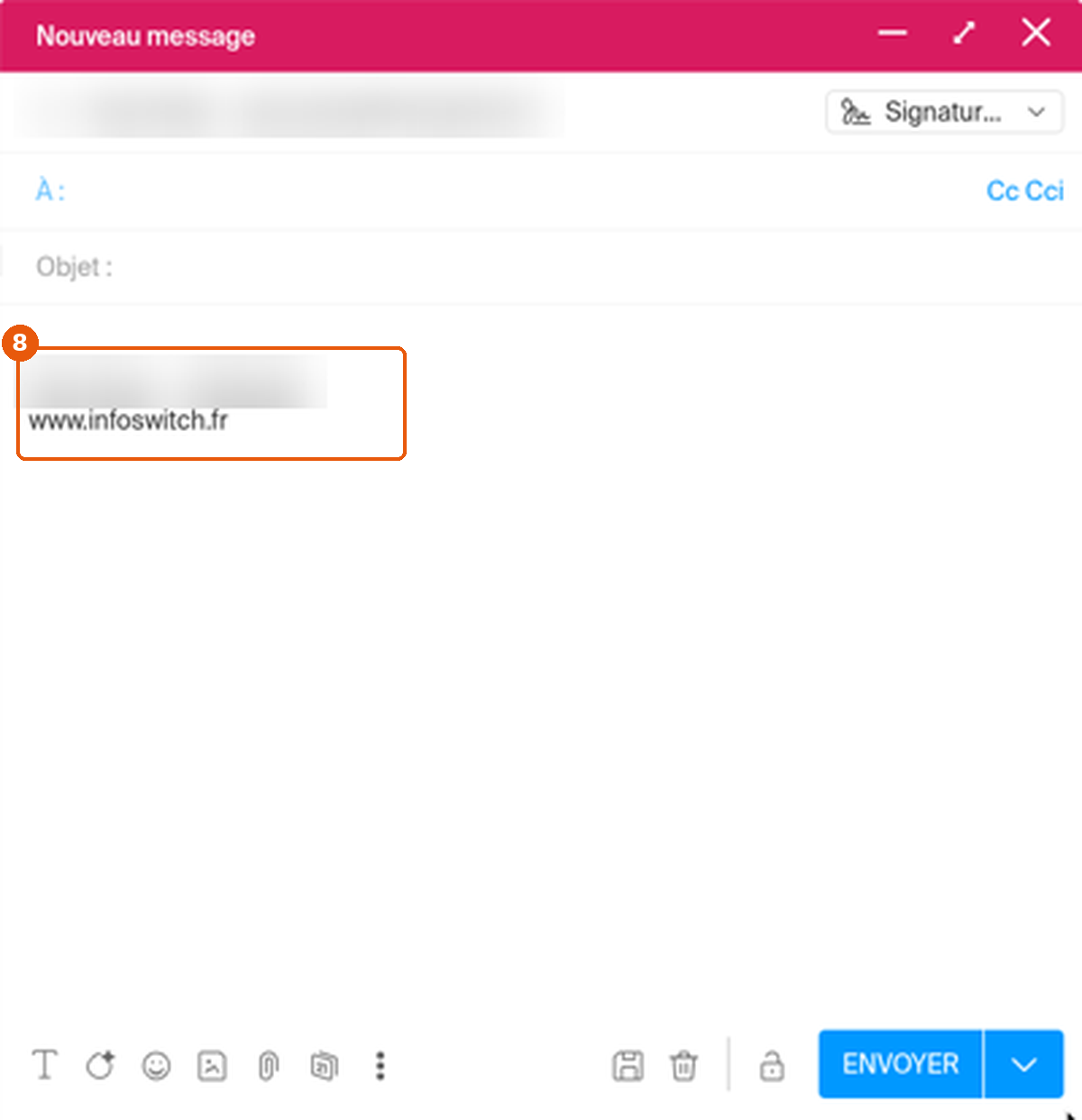 Fenêtre Nouveau message, la signature insérée dans le corps du message est encadrée.