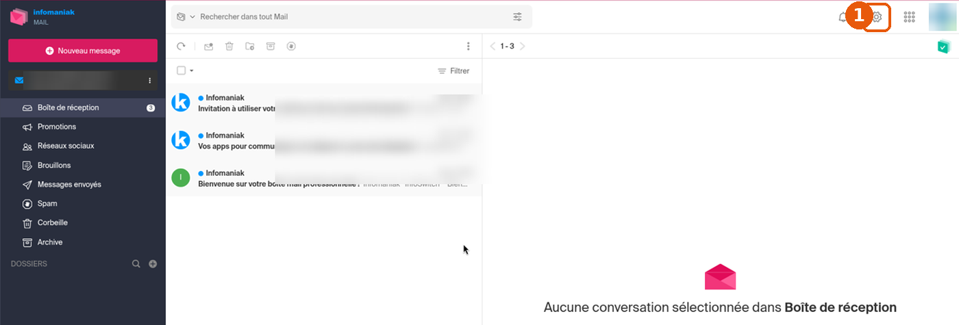 Boîte de réception Mail Infomaniak, l'icône engrenage Paramètres encadrée en haut à droite