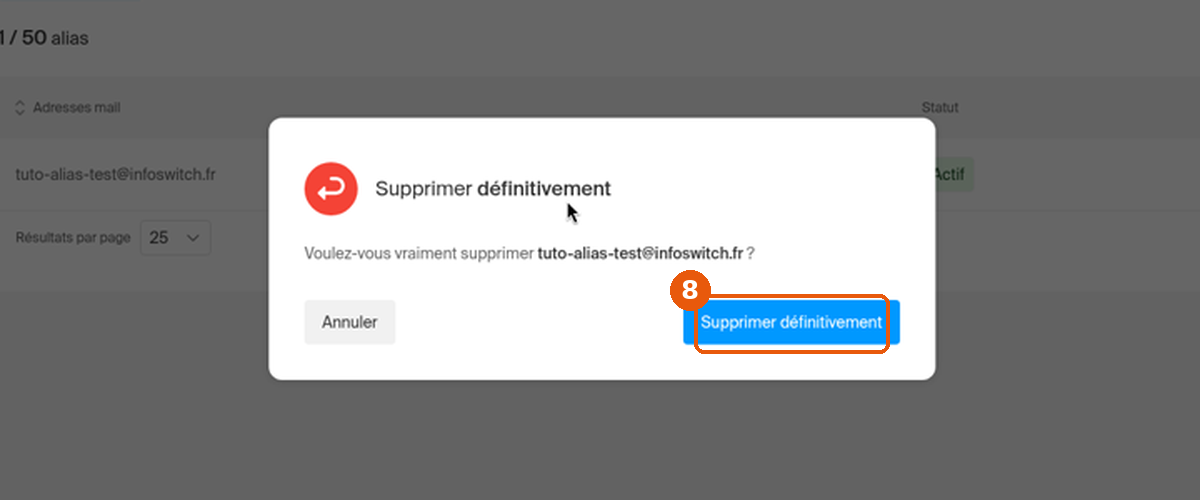 Fenêtre Supprimer définitivement avec le bouton de confirmation encadré