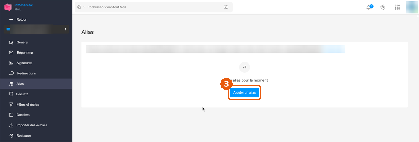 Page Alias vide avec le message Aucun alias pour le moment et le bouton Ajouter un alias encadré