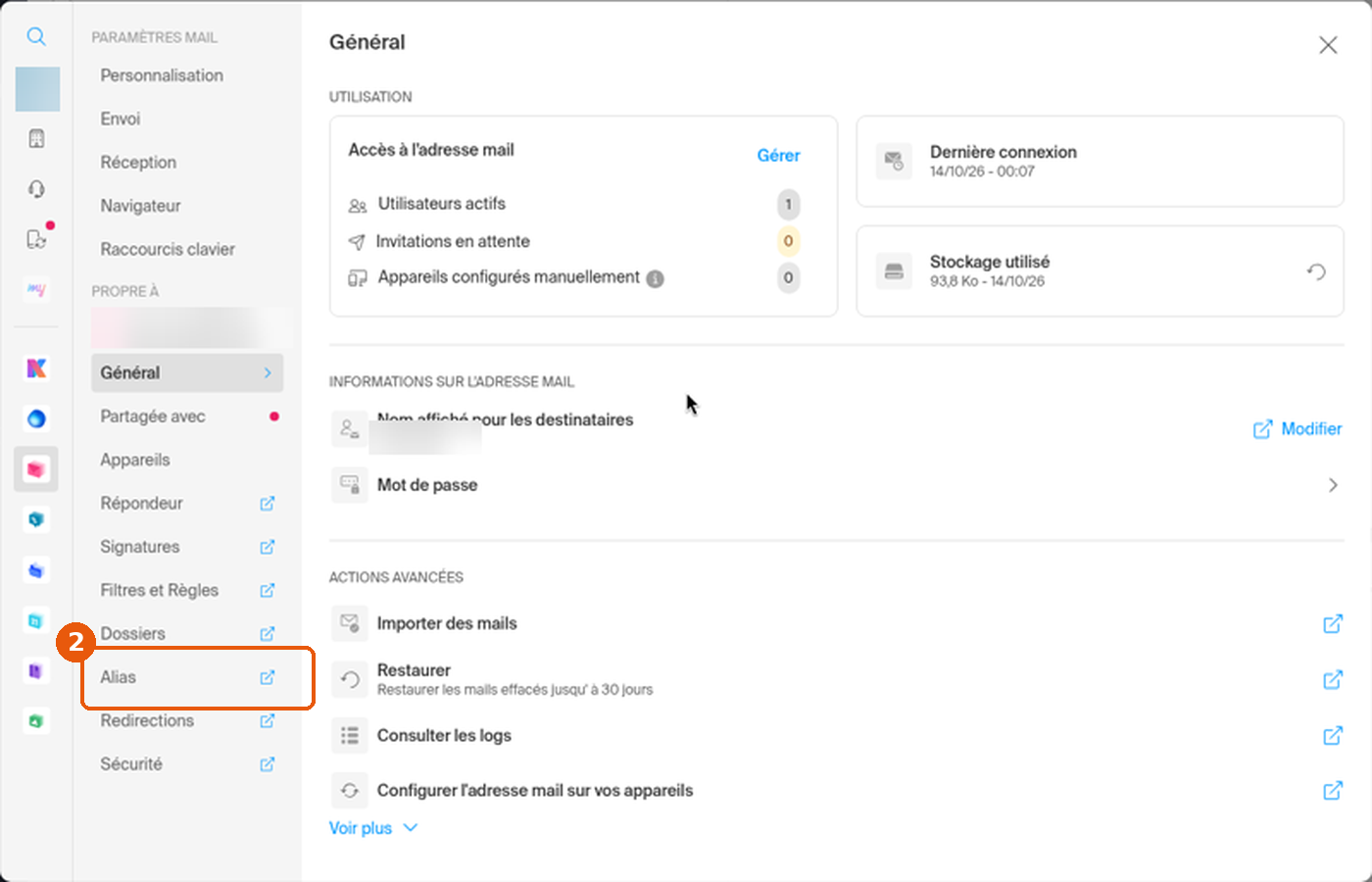 Fenêtre Paramètres de Mail, la ligne Alias encadrée dans le menu de gauche