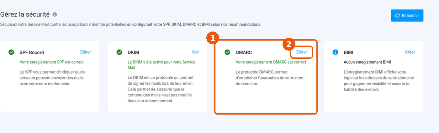 Page Gérez la sécurité du Service Mail : carte DMARC et bouton Éditer encadrés