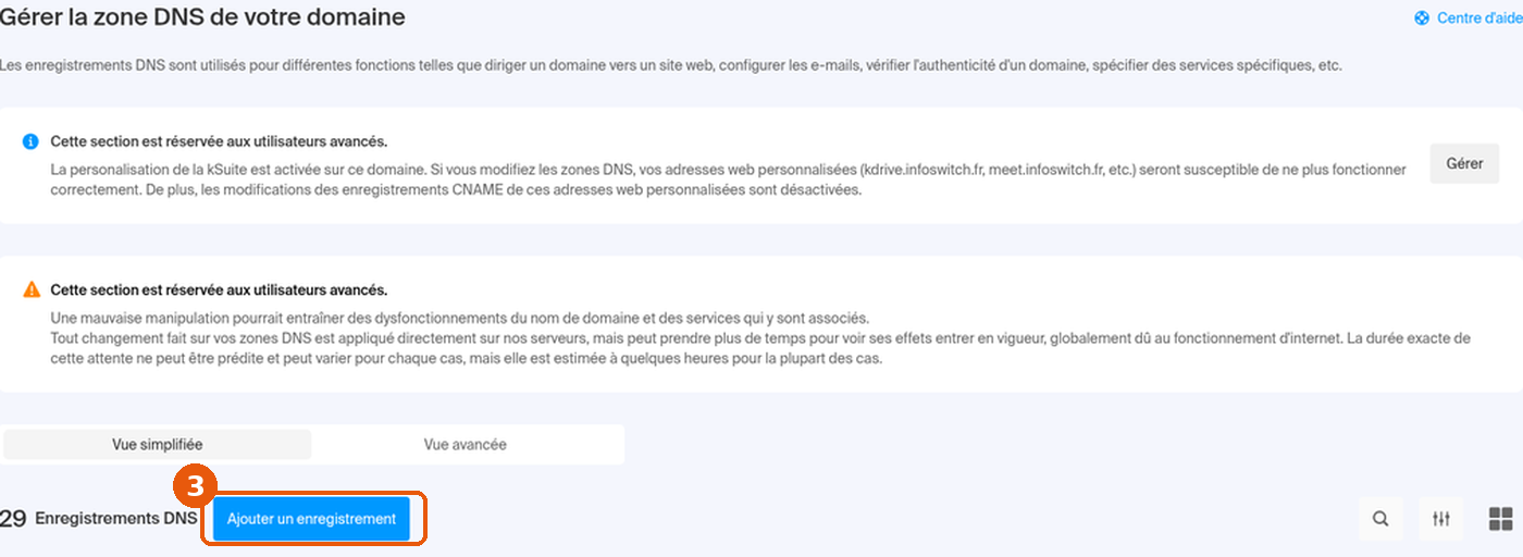 Zone DNS du domaine : bouton Ajouter un enregistrement encadré