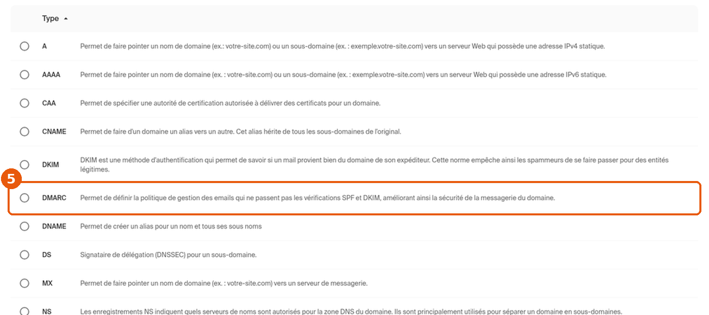 Liste des types d'enregistrement DNS, type DMARC encadré