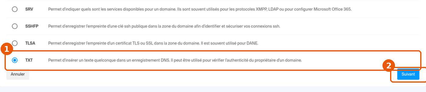 Type TXT sélectionné et bouton Suivant encadrés