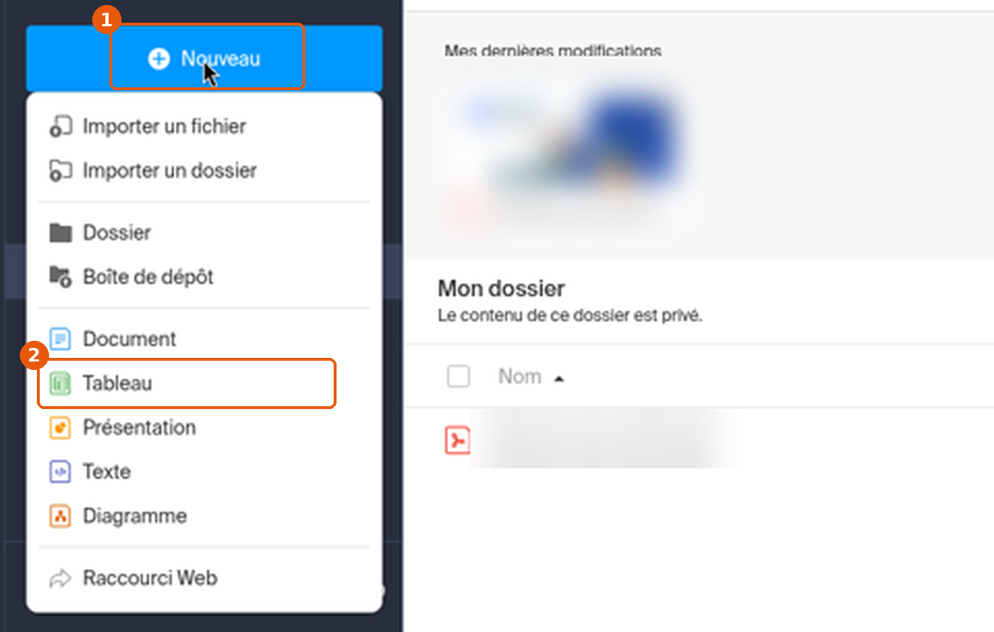 Menu Nouveau de kDrive avec Tableau encadré