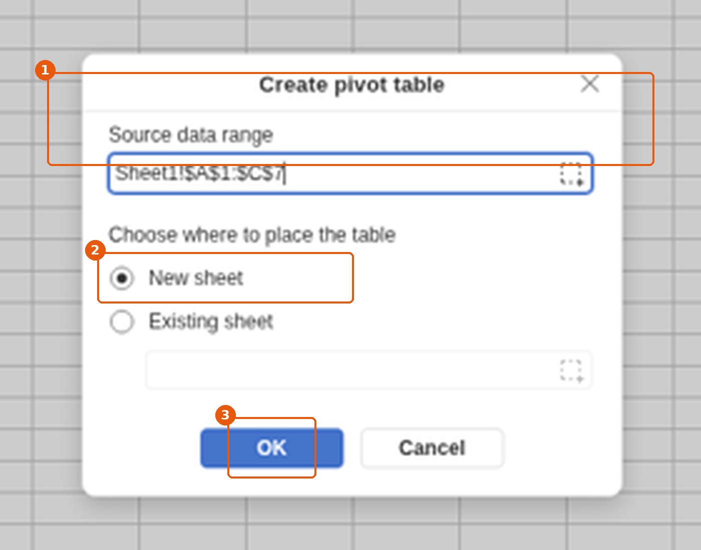 Fenêtre Create pivot table avec la plage source et New sheet