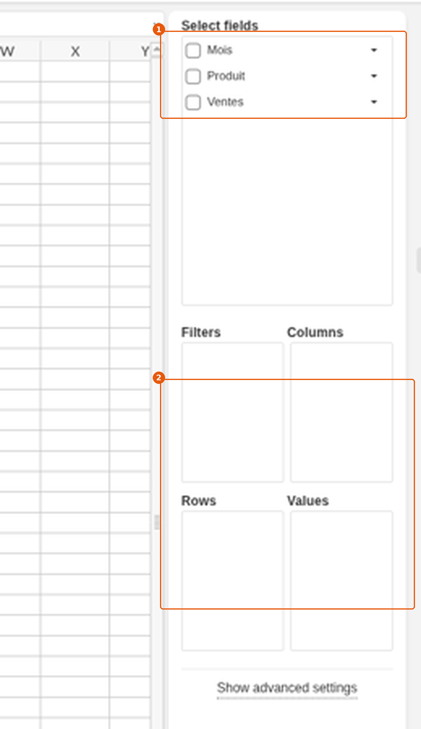 Panneau Select fields avec les champs et les zones Filters, Columns, Rows, Values
