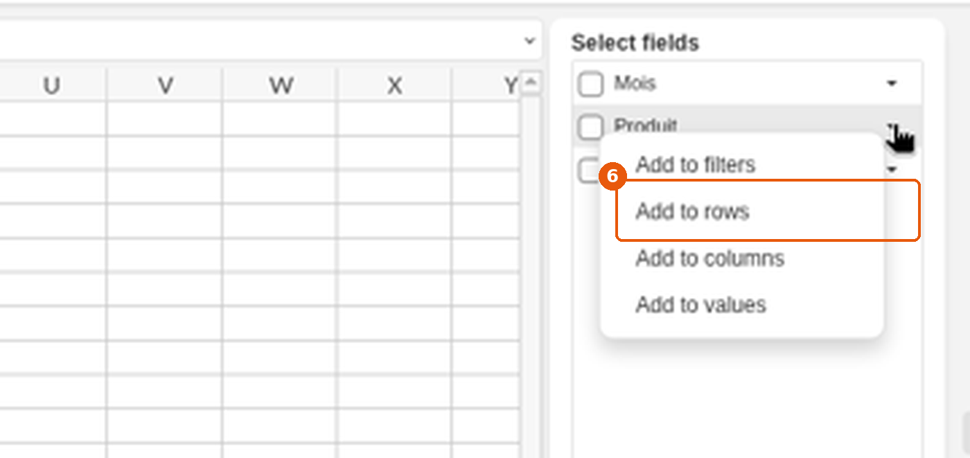 Menu du champ Produit avec Add to rows
