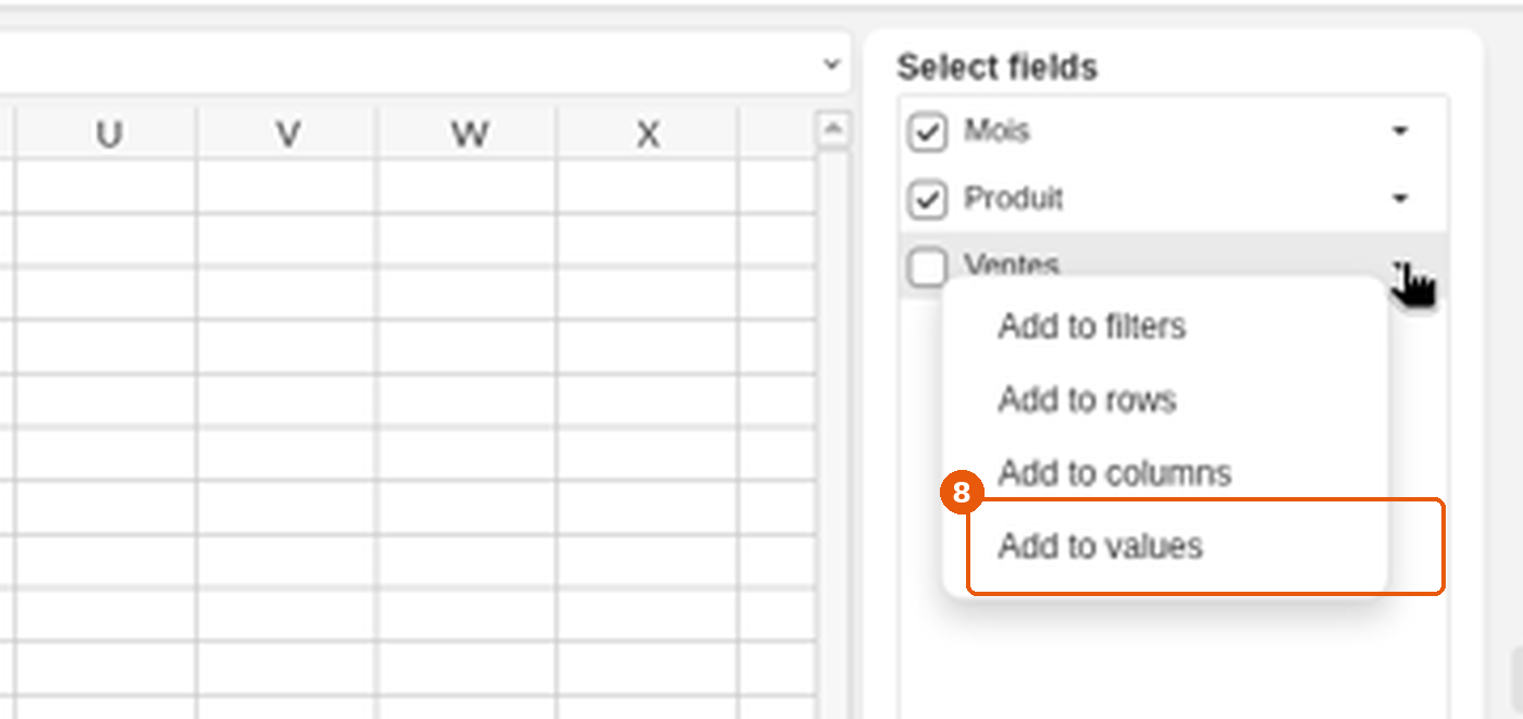 Menu du champ Ventes avec Add to values
