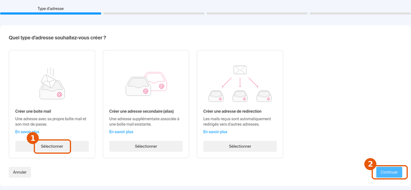 Assistant étape Type d'adresse : carte Créer une boite mail avec son bouton Sélectionner, et bouton Continuer encadrés
