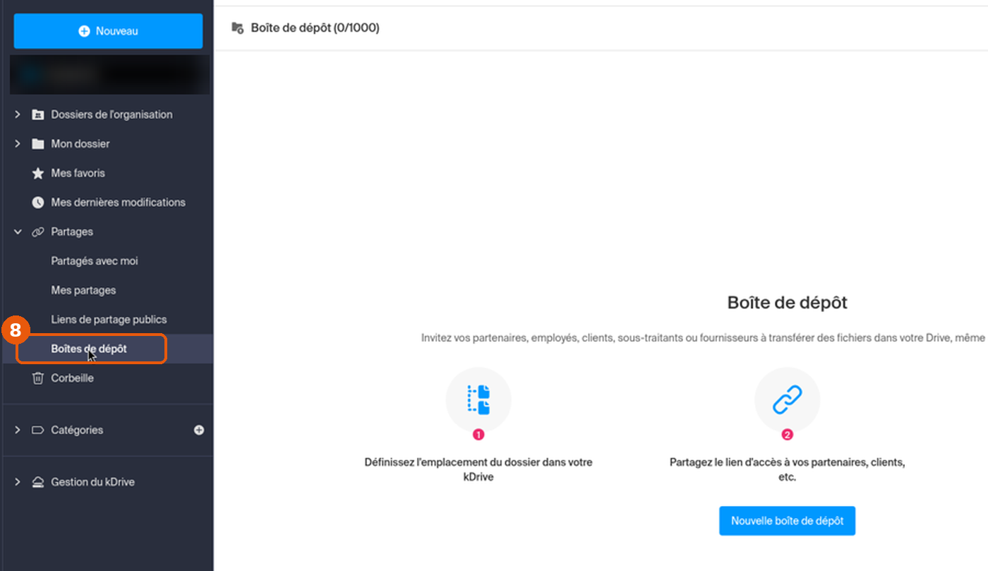 Page Boîtes de dépôt de kDrive avec l'entrée Boîtes de dépôt encadrée dans le menu