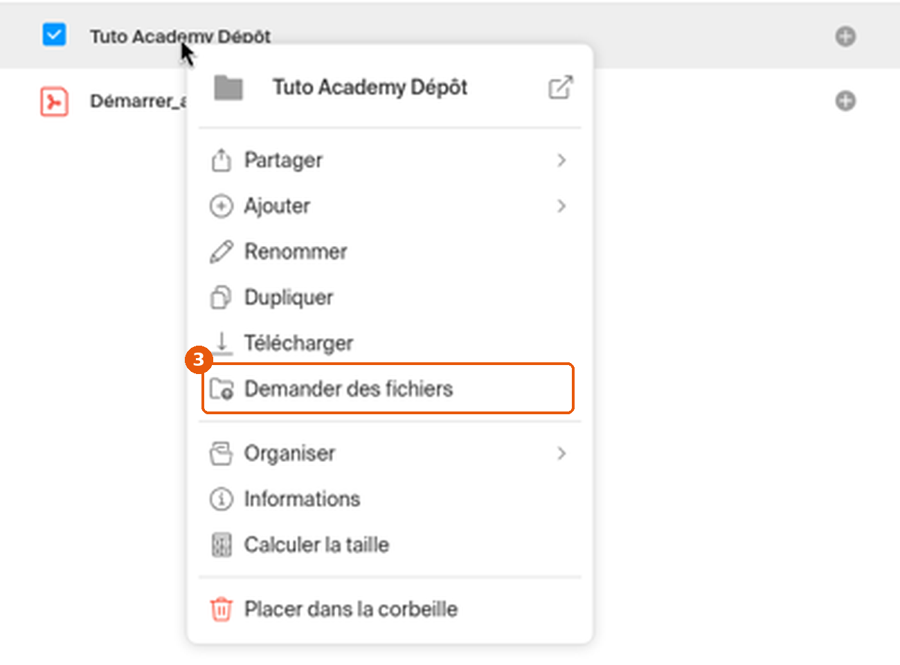 Menu contextuel du dossier avec l'entrée Demander des fichiers encadrée