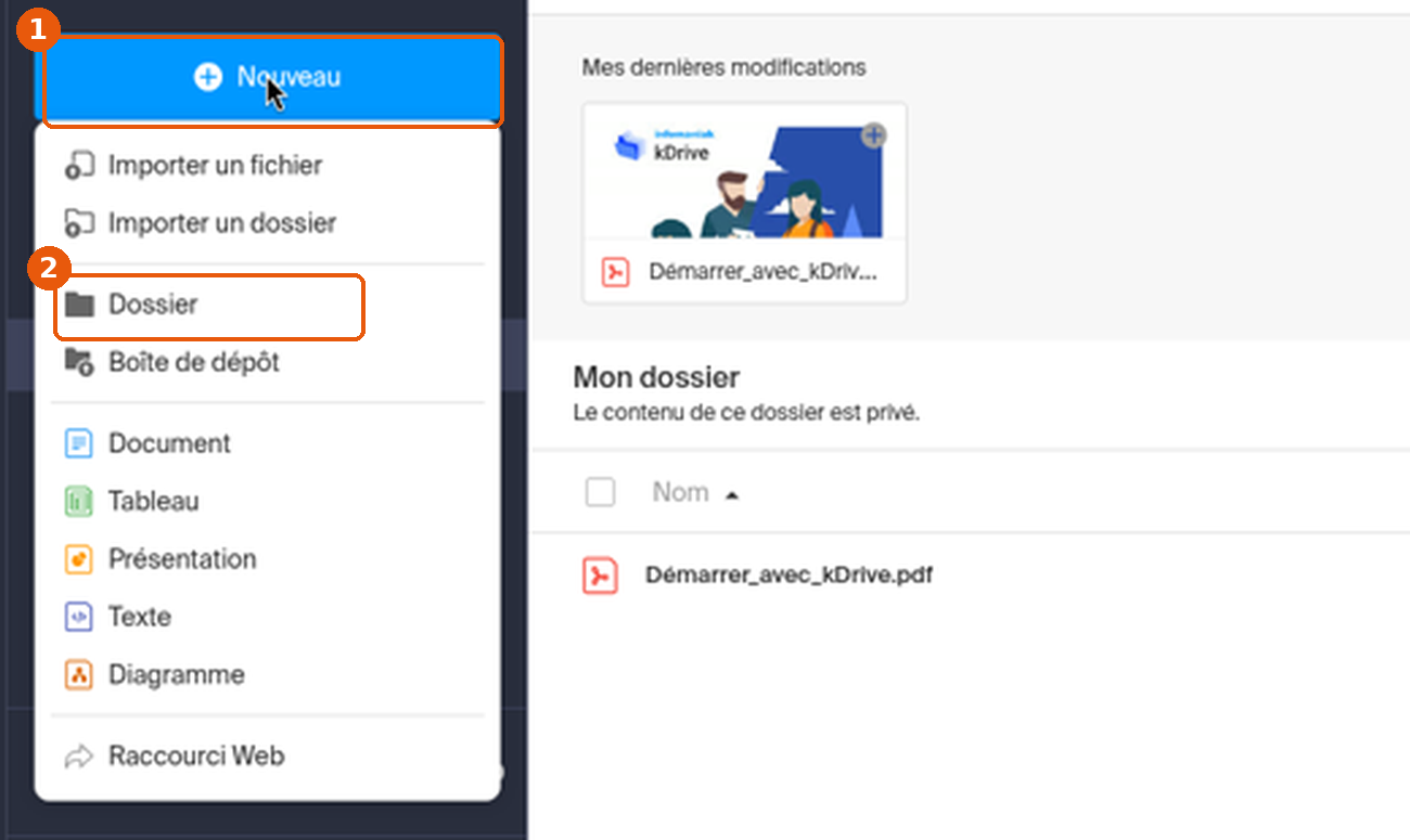 Menu Nouveau de kDrive avec le bouton Nouveau et l'entrée Dossier encadrés