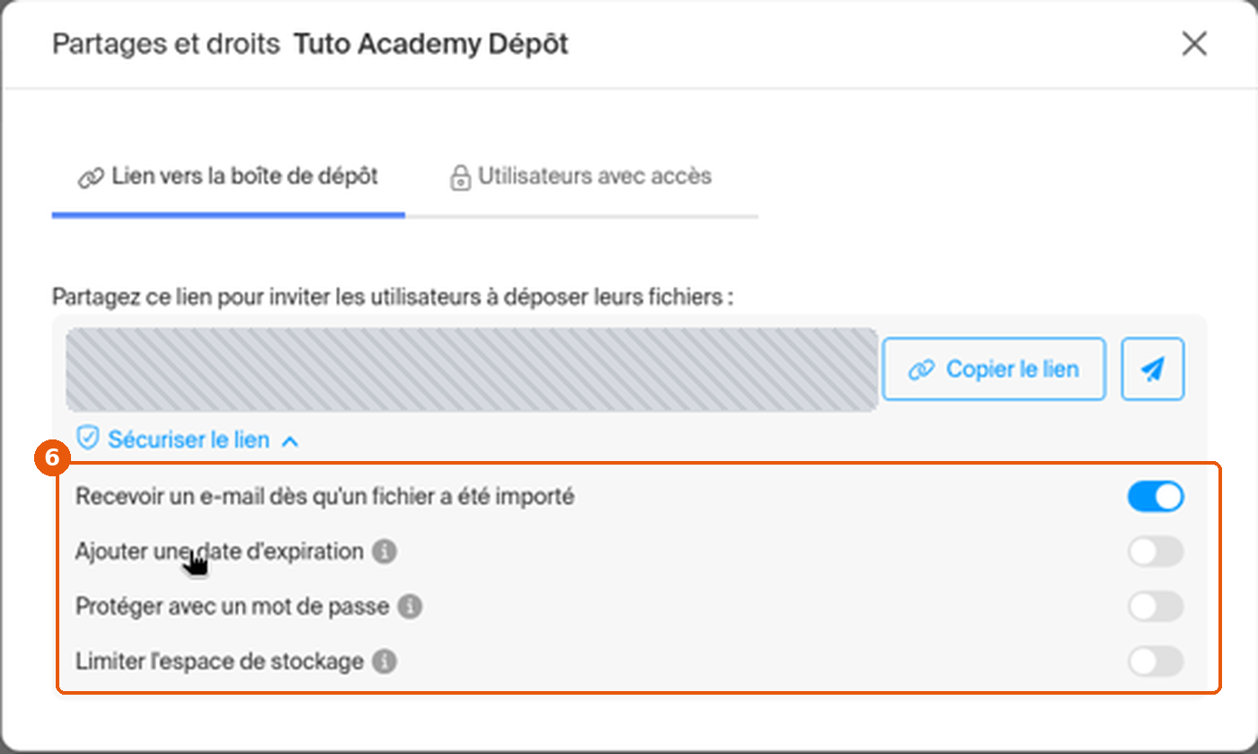Options de Sécuriser le lien avec les quatre bascules encadrées