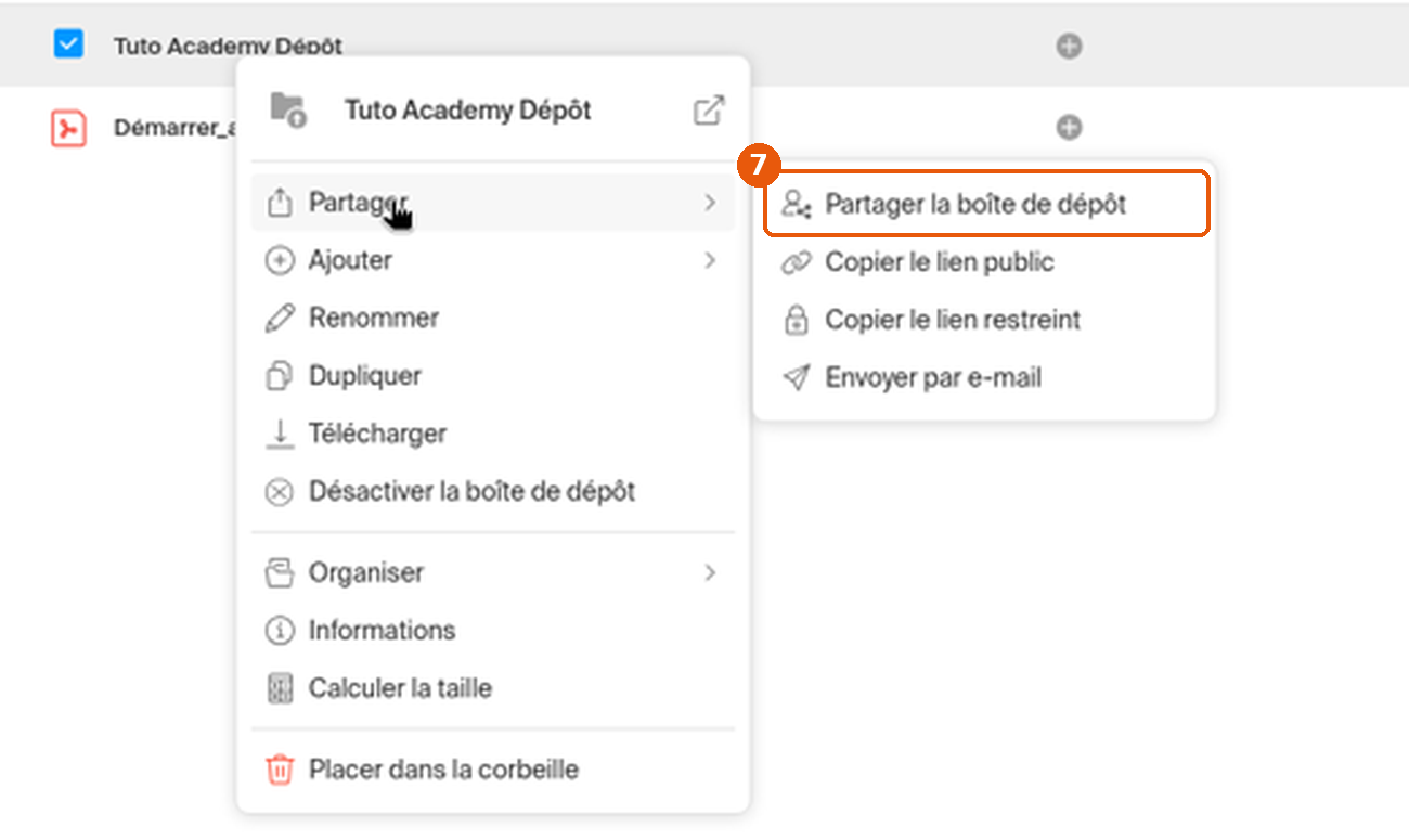 Sous-menu Partager avec l'entrée Partager la boîte de dépôt encadrée