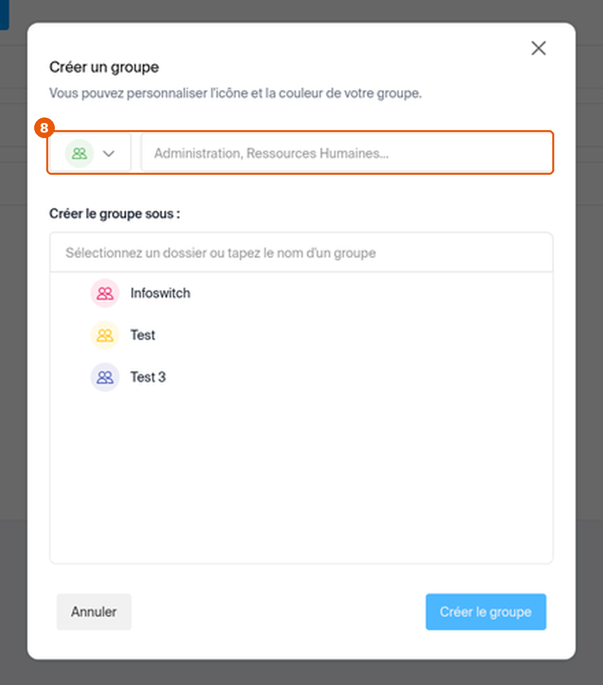 Dialogue Créer un groupe du Manager : seulement un nom, une icône et un groupe parent, sans adresse e-mail