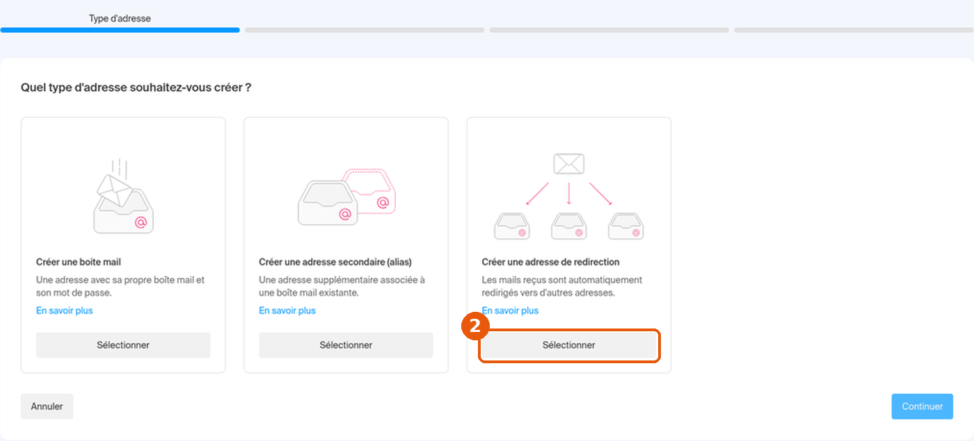 Choix du type d'adresse, bouton Sélectionner de la carte Créer une adresse de redirection encadré