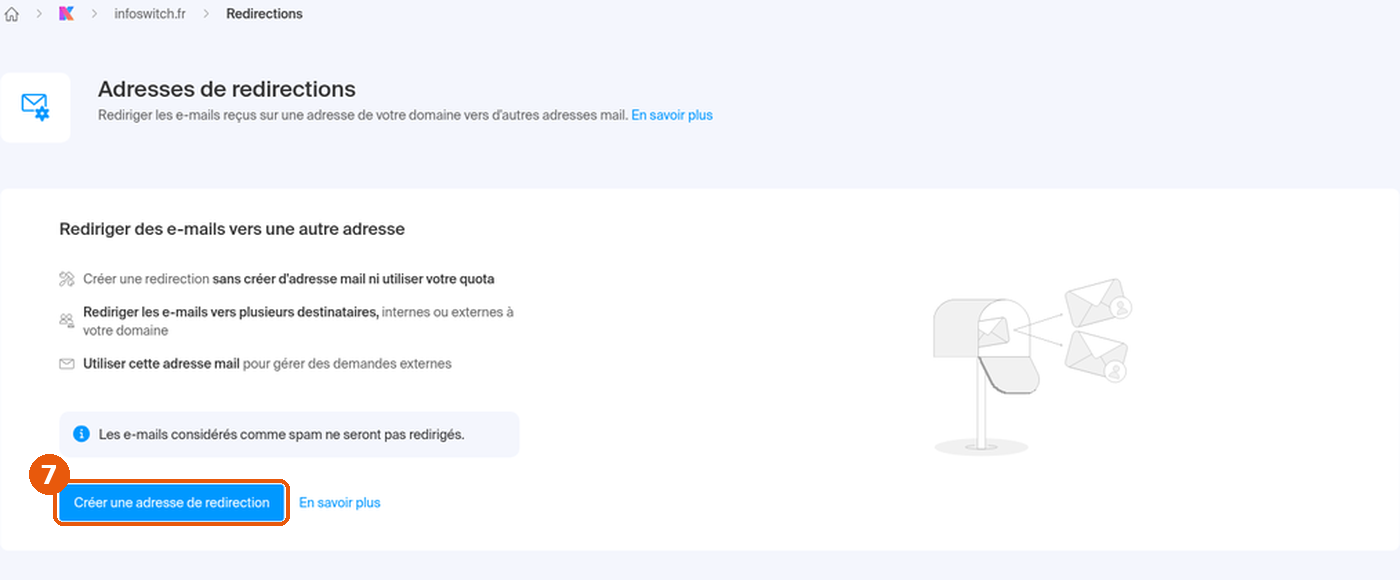 Page Adresses de redirections, bouton Créer une adresse de redirection encadré
