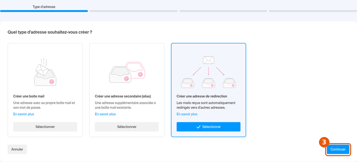 Carte adresse de redirection sélectionnée, bouton Continuer encadré