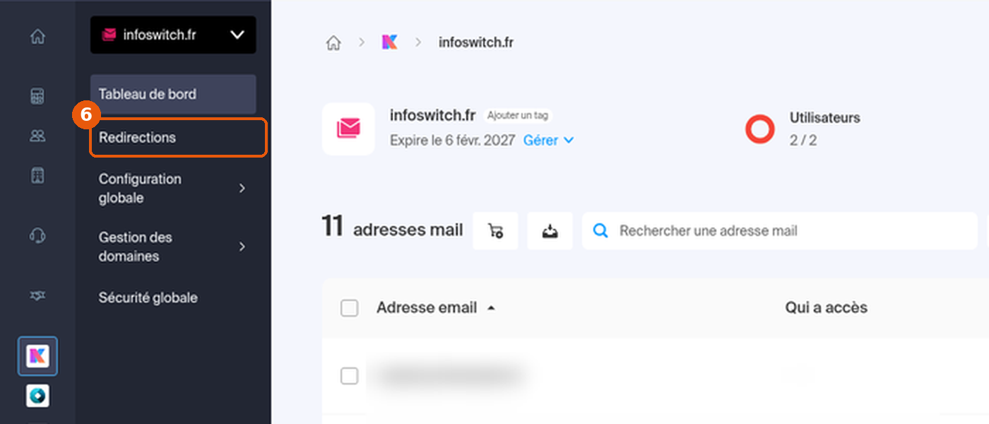 Service Mail du domaine, entrée Redirections du menu de gauche encadrée