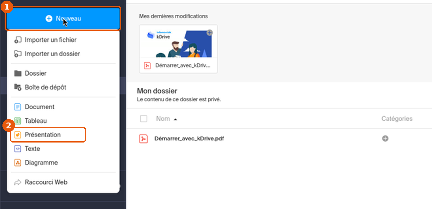 Menu Nouveau de kDrive ouvert avec le choix Présentation encadré