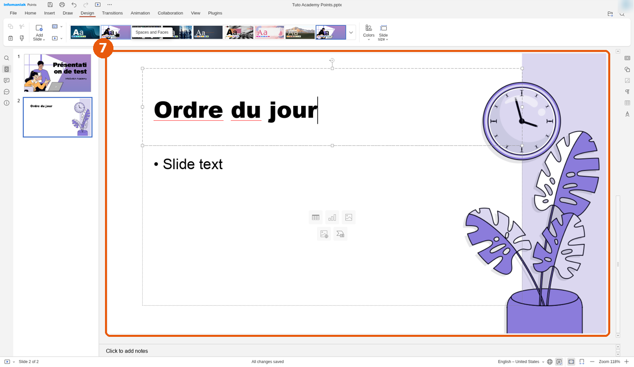 Diapositive avec le thème Spaces and Faces appliqué