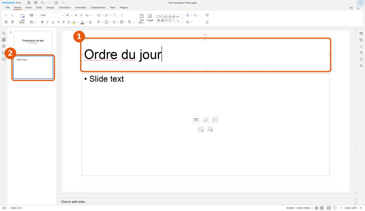 Diapositive 2 avec le titre Ordre du jour et sa miniature encadrés