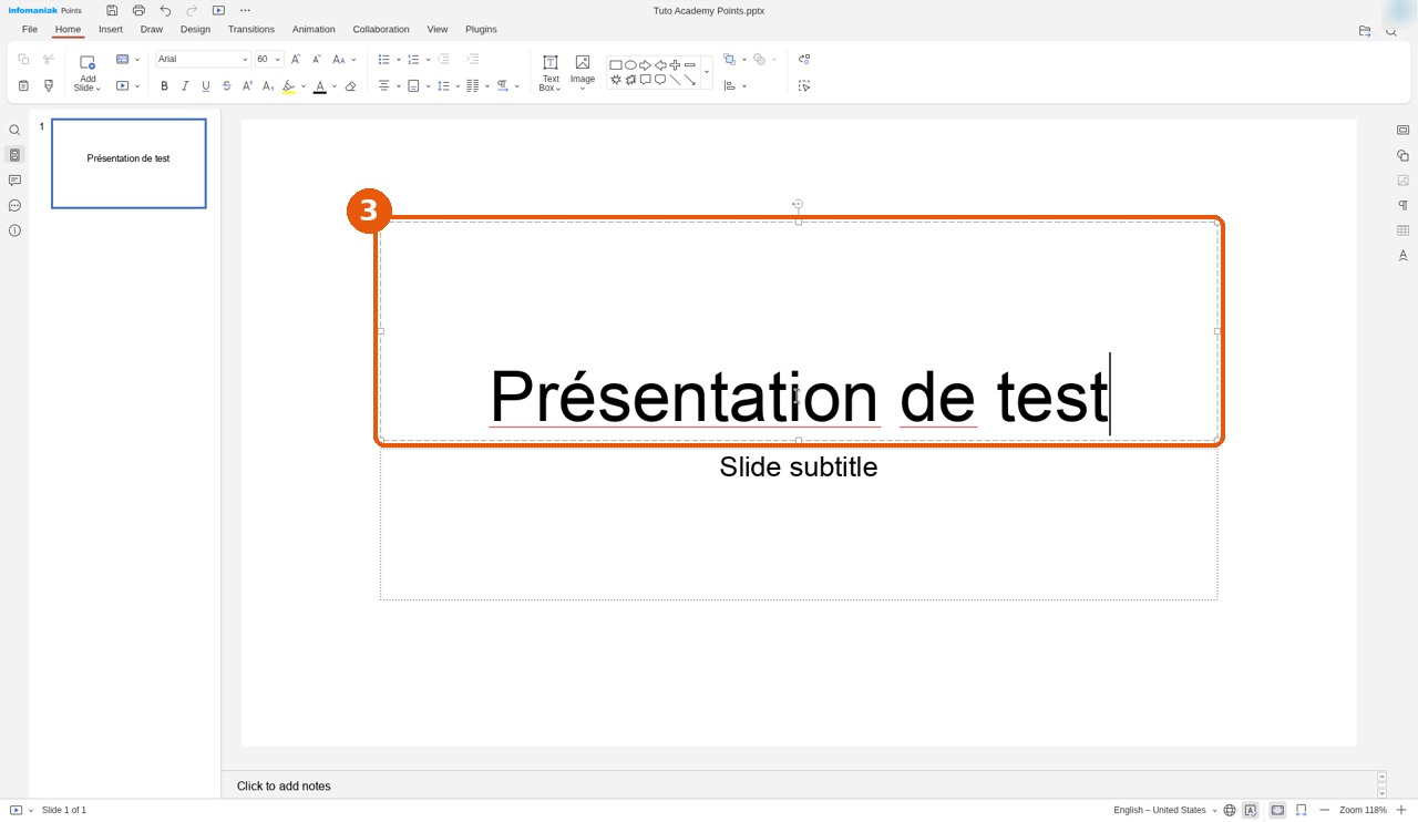 Première diapositive avec le titre Présentation de test saisi dans la zone de titre