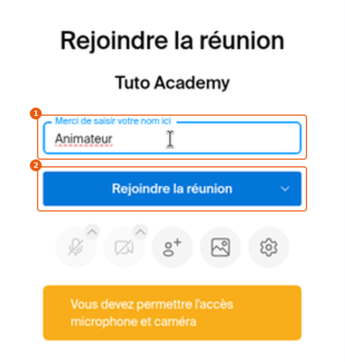 Écran Rejoindre la réunion avec le champ du nom et le bouton Rejoindre la réunion encadrés