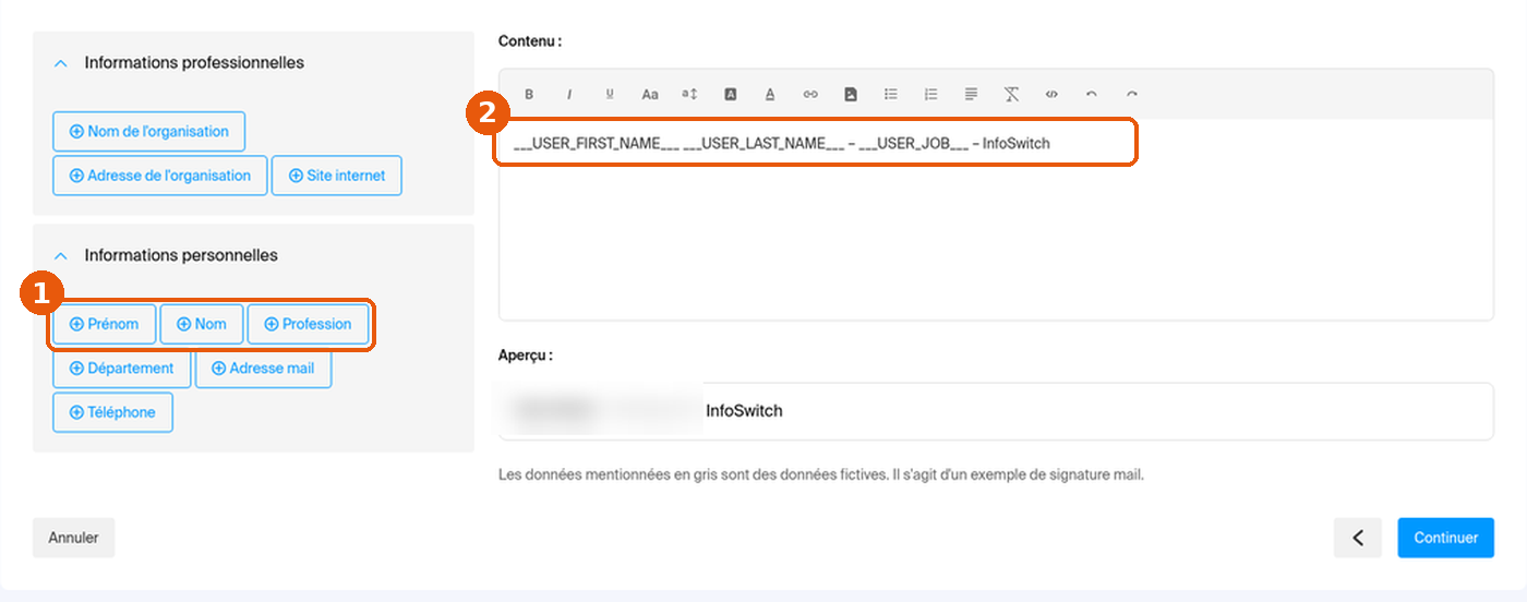 Boutons de variables Prénom, Nom, Profession et contenu de la signature dans l'éditeur