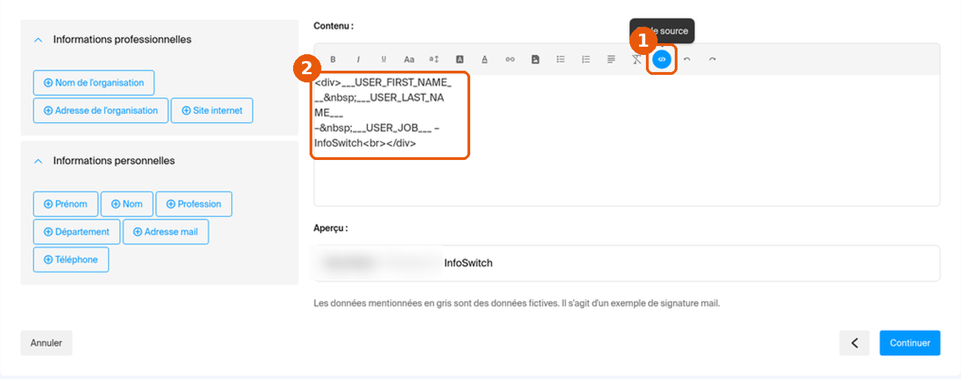 Éditeur affichant le code source HTML de la signature