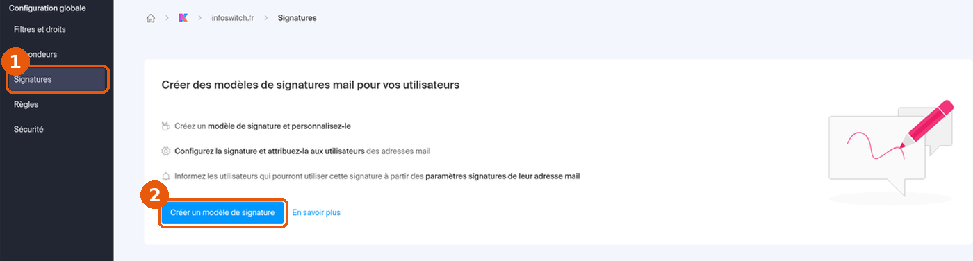 Page Signatures de la Configuration globale avec le bouton Créer un modèle de signature