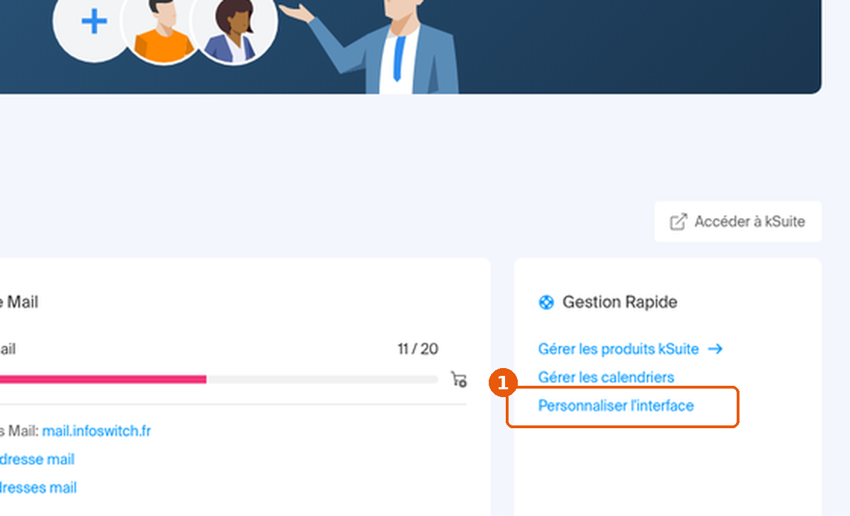 Accueil du Manager Infomaniak, bloc Gestion Rapide avec le lien Personnaliser l'interface encadré