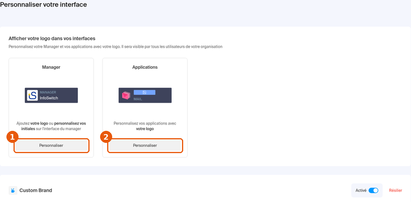 Page Personnalisation : cartes Manager et Applications avec leurs boutons Personnaliser encadrés